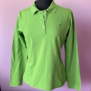 Lilly Bright s green, long sleeved polo shirt. palm tree logo Collar  buttons- M